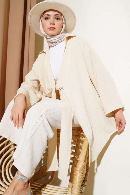 Beige Kimono with Crepe Collar Tie