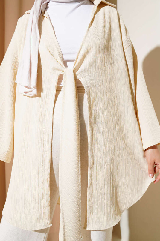 Beige Kimono with Crepe Collar Tie