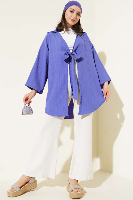 Crepe Collar Tied Kimono Blue