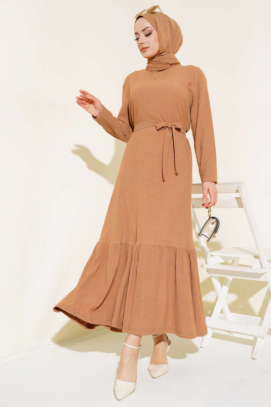 Ruffled Belted Midi Dress Camel