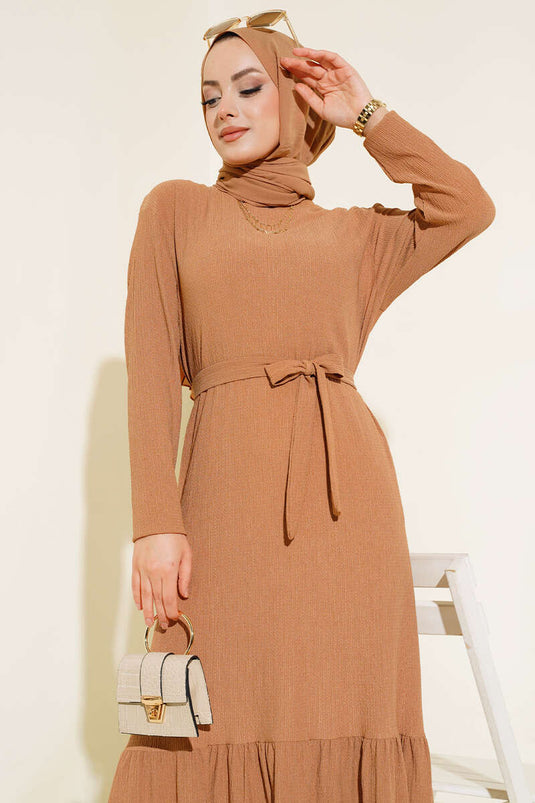 Ruffled Belted Midi Dress Camel