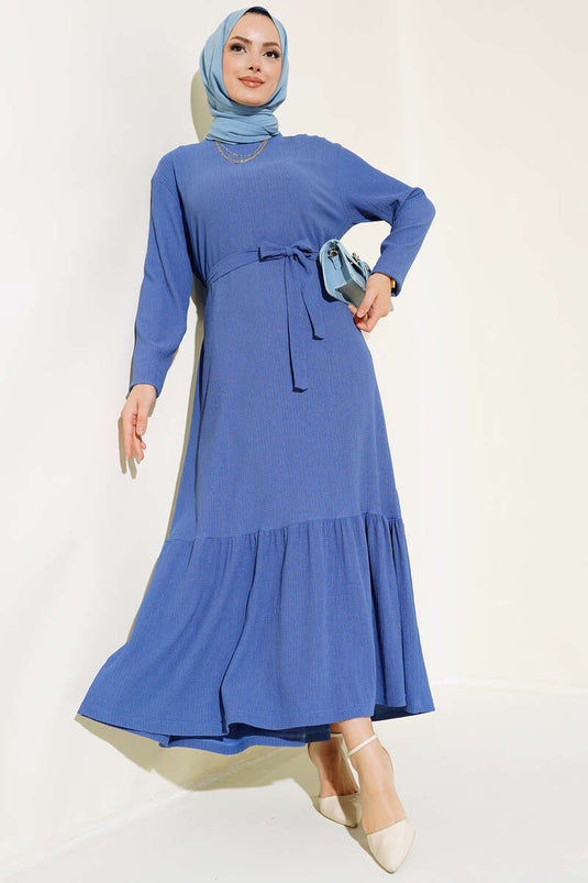 Robe longue à ceinture plissée indigo