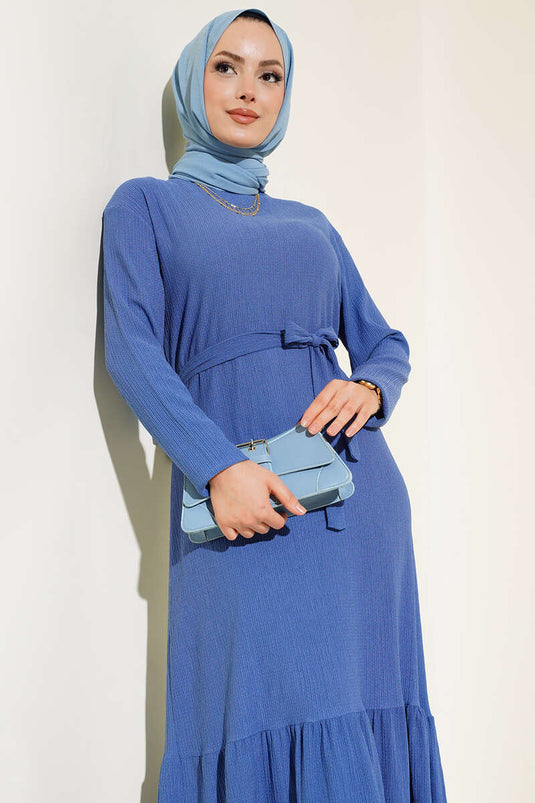 Robe longue à ceinture plissée indigo