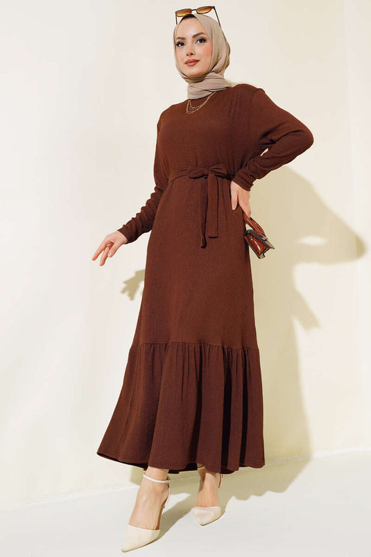 Ruffled Belted Midi Dress Coffee