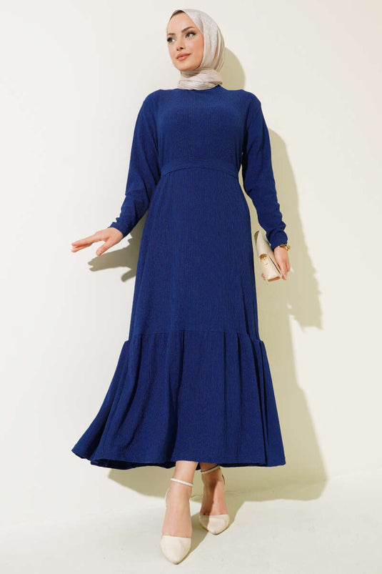 Ruffled Belted Midi Dress Navy