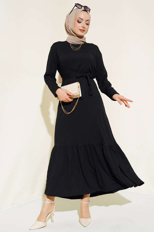 Ruffled Belted Midi Dress Black