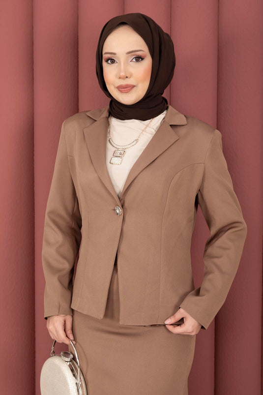 Business Blazer Jacket Skirt Two-Piece Set Brown