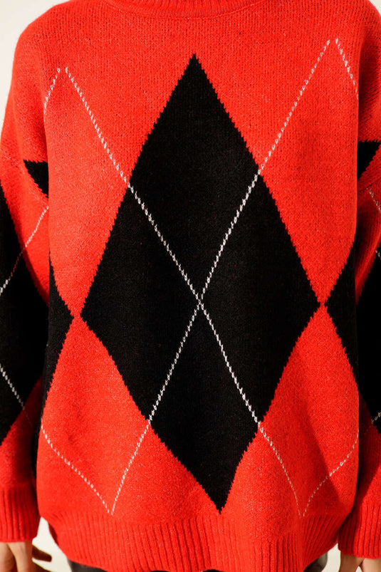 Large Baklava Pattern Knitted Sweater, Red