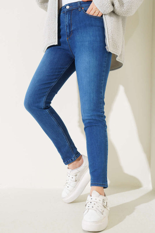 Plus Size Jeanshose mit hoher Taille, Denimblau