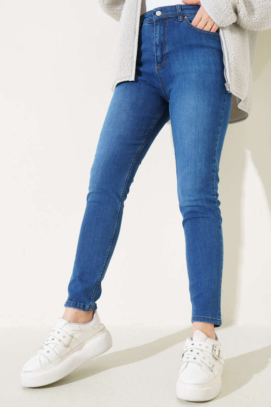 Pantalon Jeans Taille Haute Grande Taille Bleu Denim