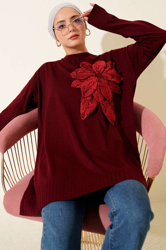 Large Floral Patterned Knitted Tunic, Burgundy