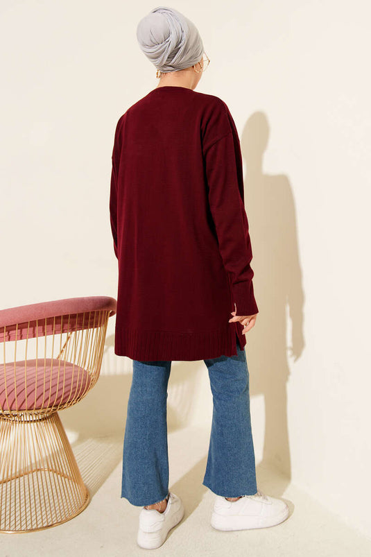 Large Floral Patterned Knitted Tunic, Burgundy