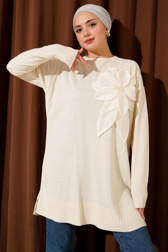 Büyük Çiçek Desenli Triko Tunik Ekru