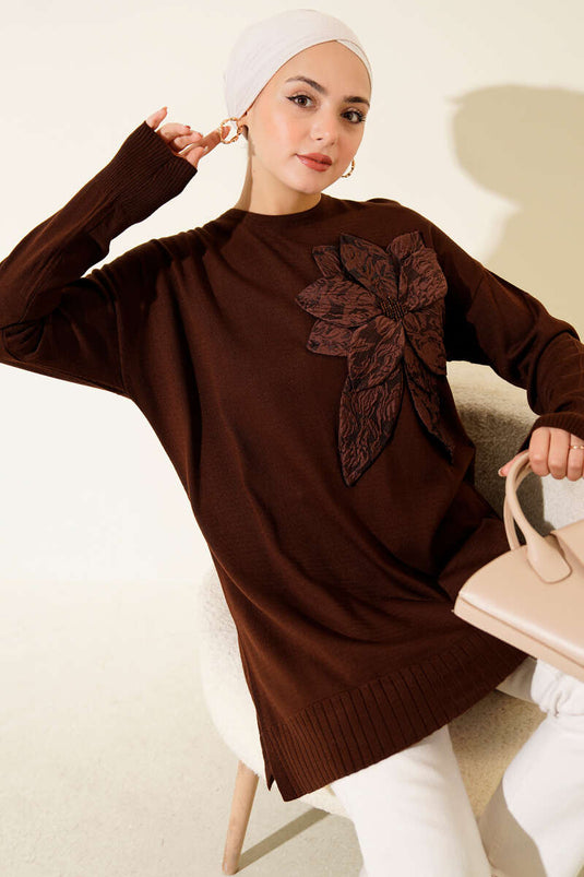 Büyük Çiçek Desenli Triko Tunik Kahve