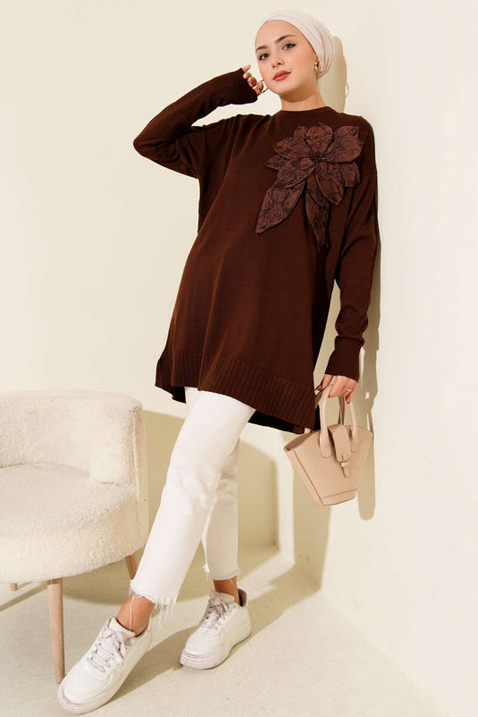 Büyük Çiçek Desenli Triko Tunik Kahve