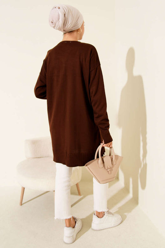 Büyük Çiçek Desenli Triko Tunik Kahve