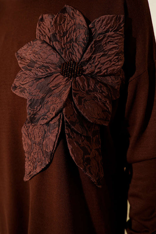 Büyük Çiçek Desenli Triko Tunik Kahve