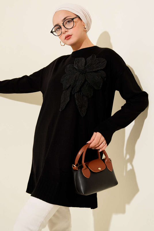 Büyük Çiçek Desenli  Triko Tunik Siyah