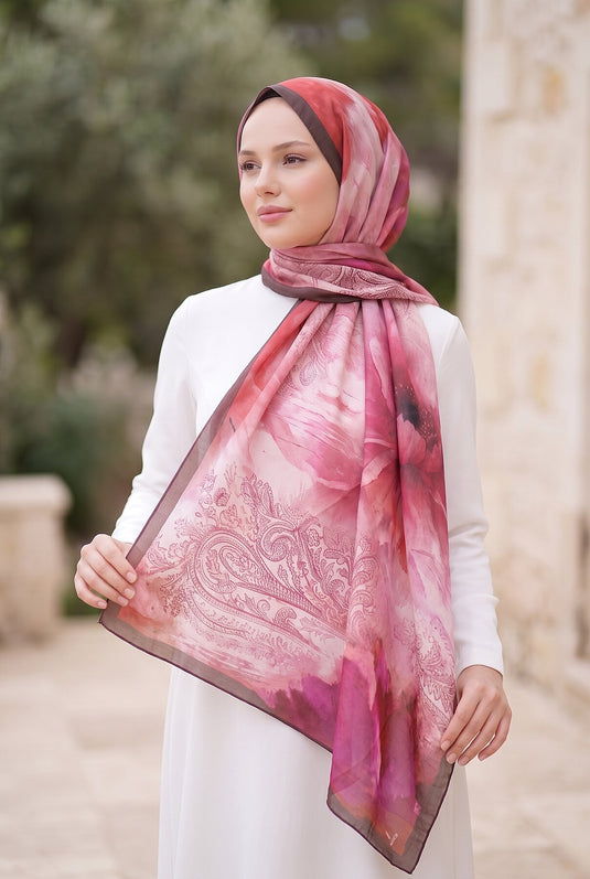 Large Floral Pattern Shawl Series In Coffee And Fuchsia