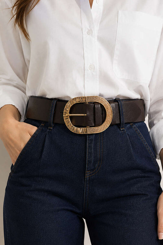 Ceinture Large À Boucle Ovale En Café