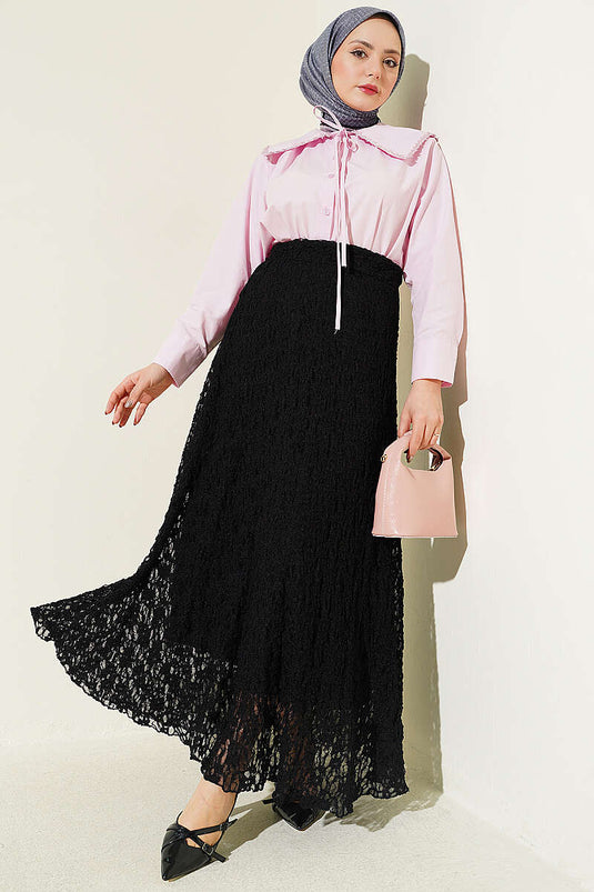 Black Tulle Skirt with Lace and Ruching