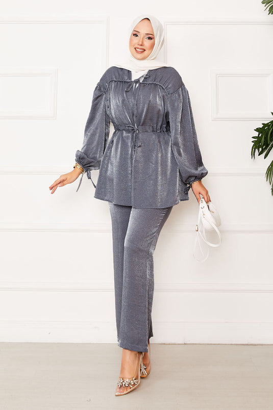 Tunnel Waist Kimono Suit with Gathering Detail Anthracite