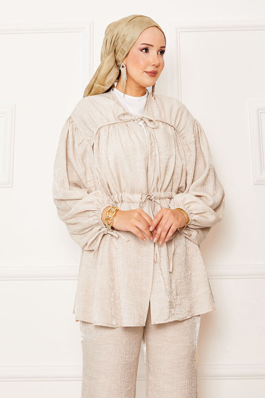 Tunnel Waist Kimono Suit with Gathering Detail Beige