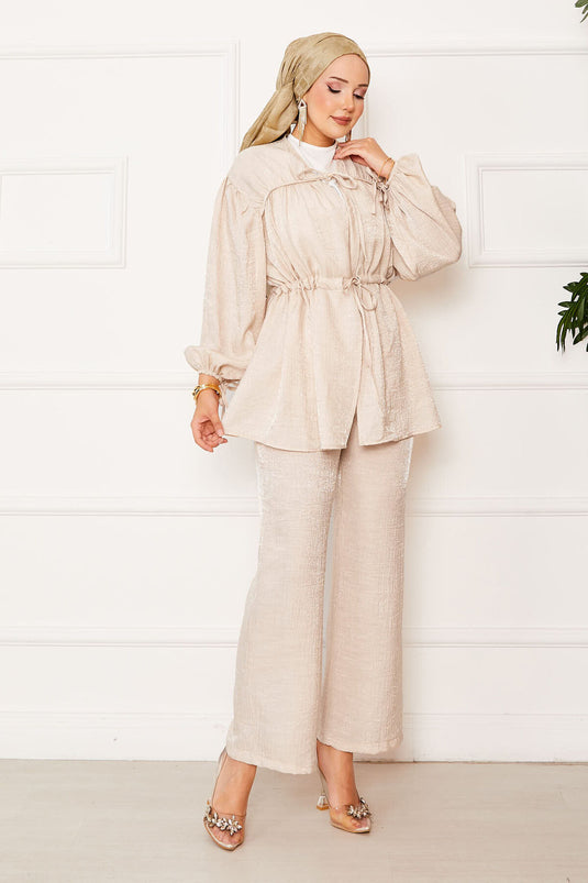 Tunnel Waist Kimono Suit with Gathering Detail Beige