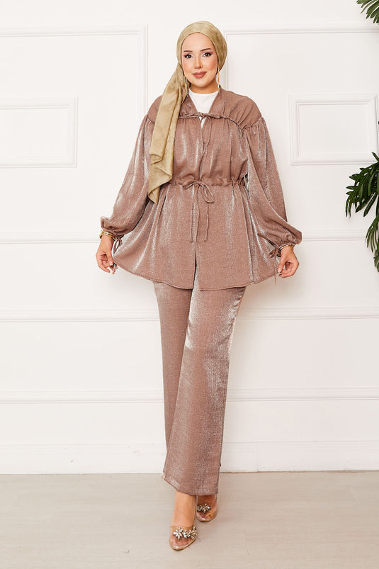 Tunnel Waist Kimono Suit with Gathered Detail Latte
