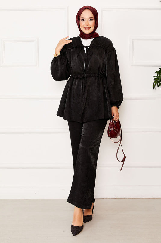 Tunnel Waist Kimono Suit with Gathering Detail Black