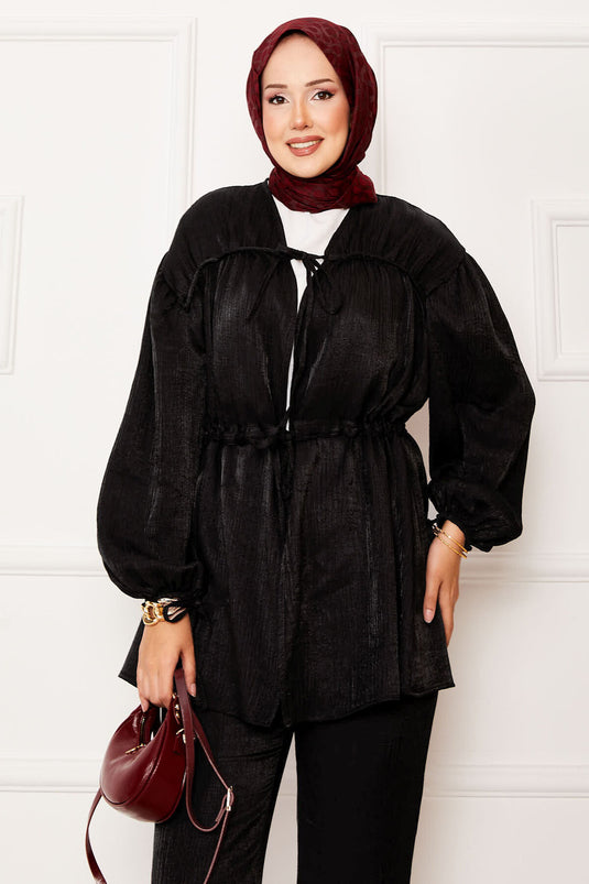 Tunnel Waist Kimono Suit with Gathering Detail Black