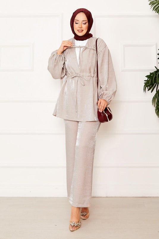 Tunnel Waist Kimono Suit with Gathering Detail Mink