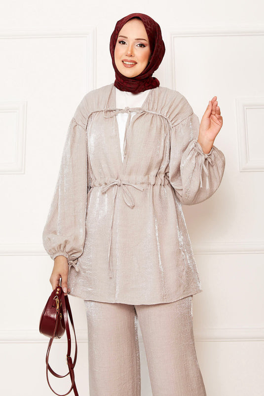 Tunnel Waist Kimono Suit with Gathering Detail Mink