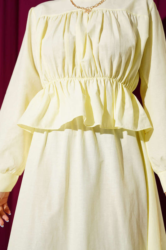 Büzgü Detaylı Bluz Etek İkili Takım Sarı