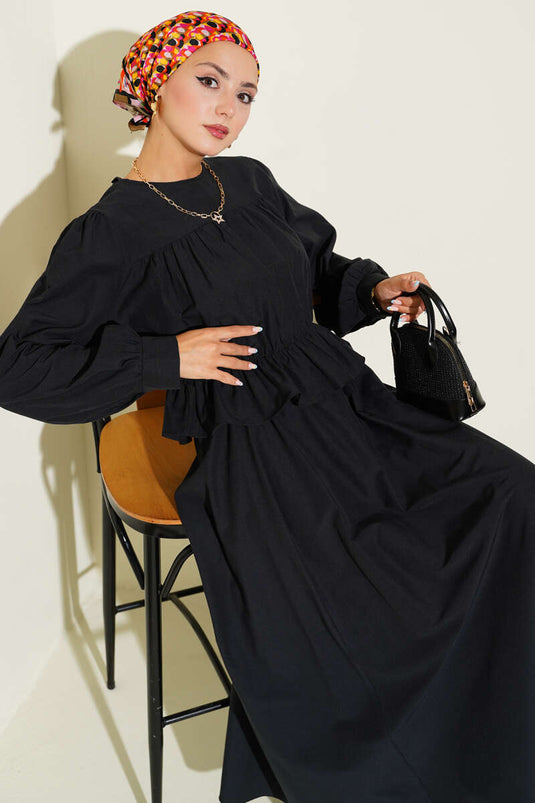 Büzgü Detaylı Bluz Etek İkili Takım Siyah