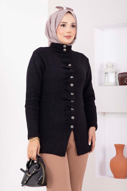 Büzgü Detaylı Düğmeli Angora Hırka Siyah