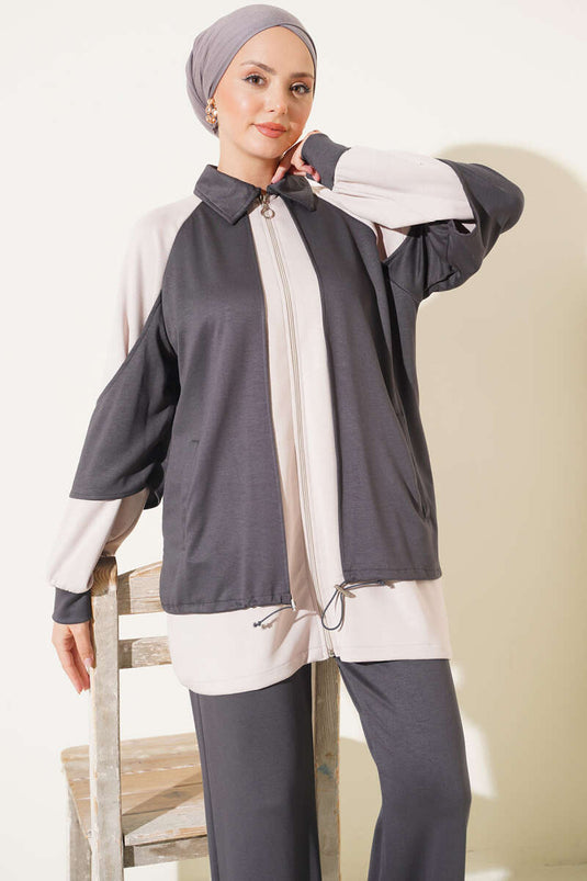 Completo In Maglia Con Dettaglio A Pieghe E Büzgü, Grigio Fumo