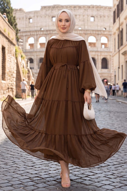 Gathered Detail Layered Dress Light Brown