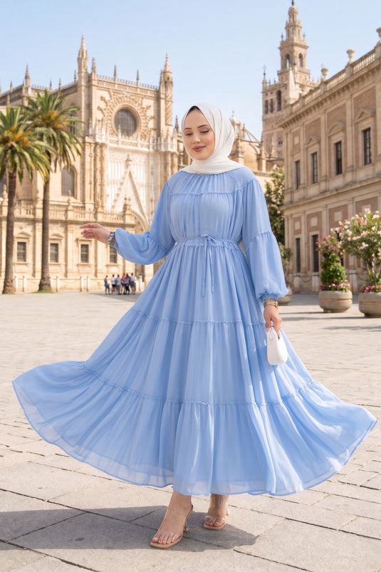 Gathered Detail Layered Dress Baby Blue