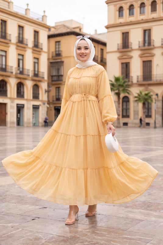 Gathered Detail Layered Dress Yellow