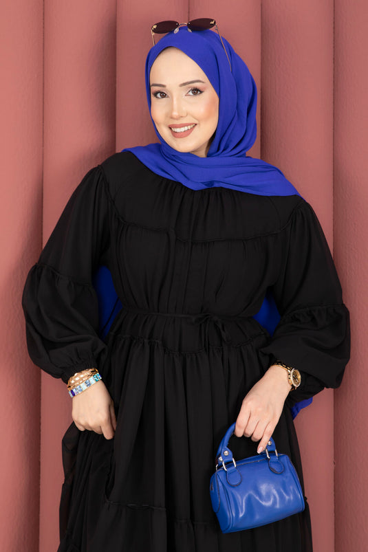 فستان متعدد الطبقات بتفاصيل الطيات أسود