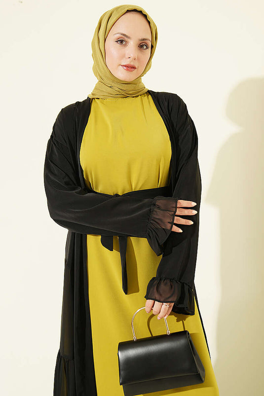 Büzgü Detaylı Katlı Abaya Takım Yağ Yeşili