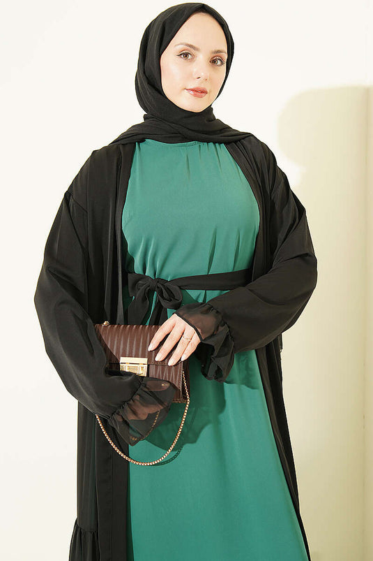 Büzgü Detaylı Katlı Abaya Takım Zümrüt