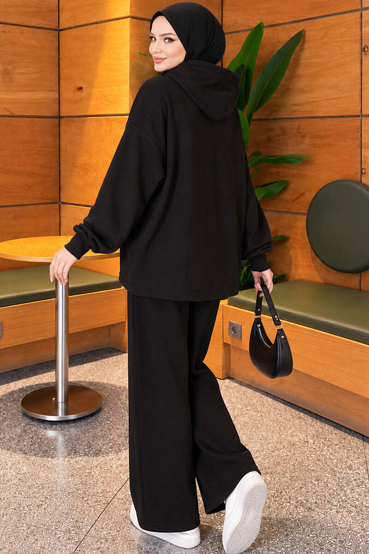 Ensemble Deux Pièces Oversize Noir Avec Détail À Cordons
