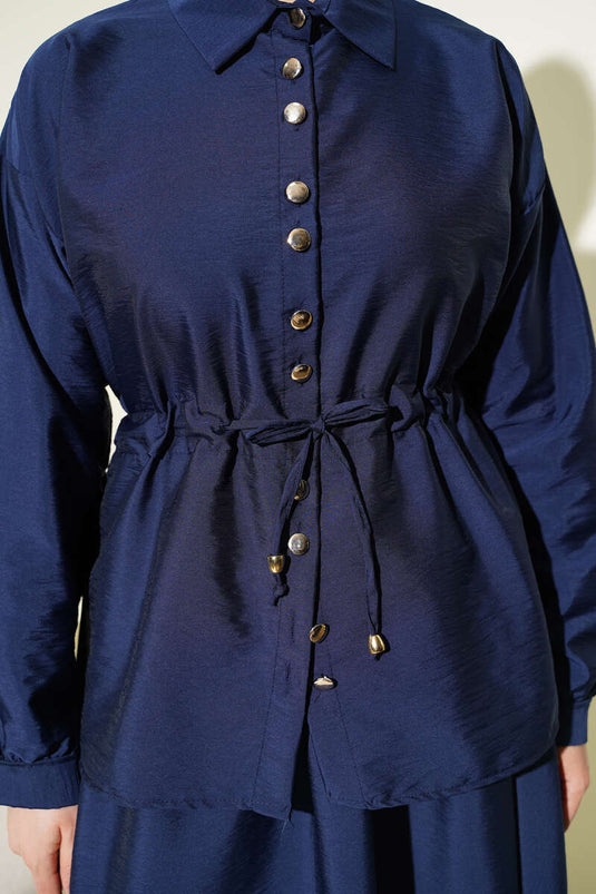 Zweiteiliges Set mit Raffdetail aus Fallschirmstoff, Marineblau