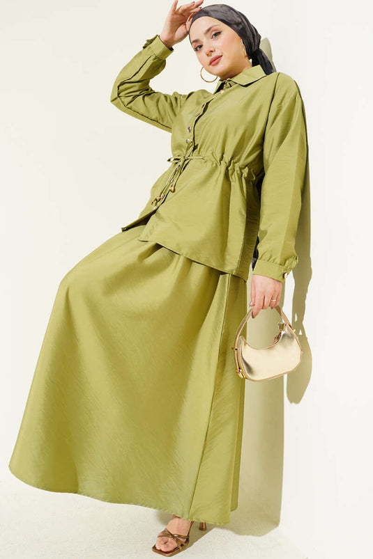 Ensemble Deux Pièces en Tissu Parachute avec Détail Froncé Vert Olive