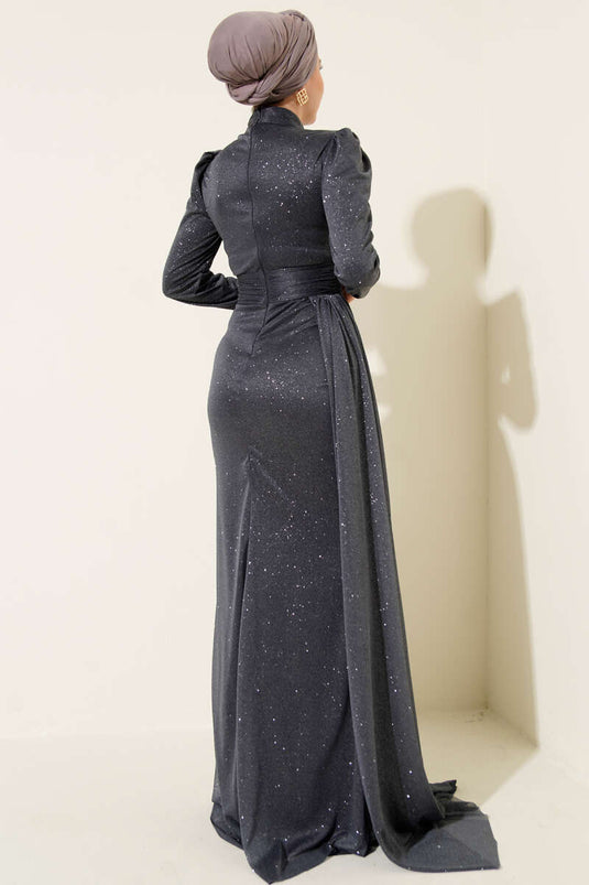 Robe de soirée pailletée avec détails froncés anthracite