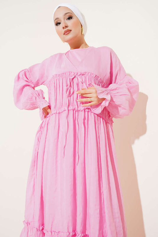 Pink Linen Dress with Gathered Detail V-Neck