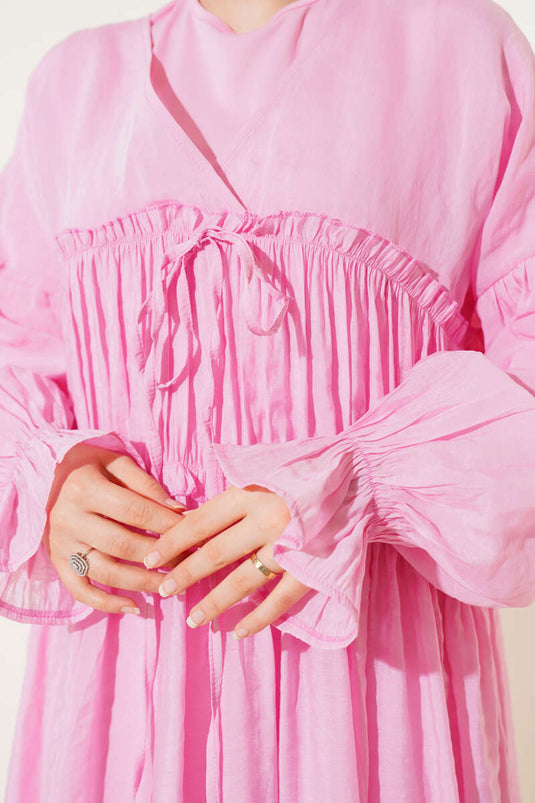 Pink Linen Dress with Gathered Detail V-Neck