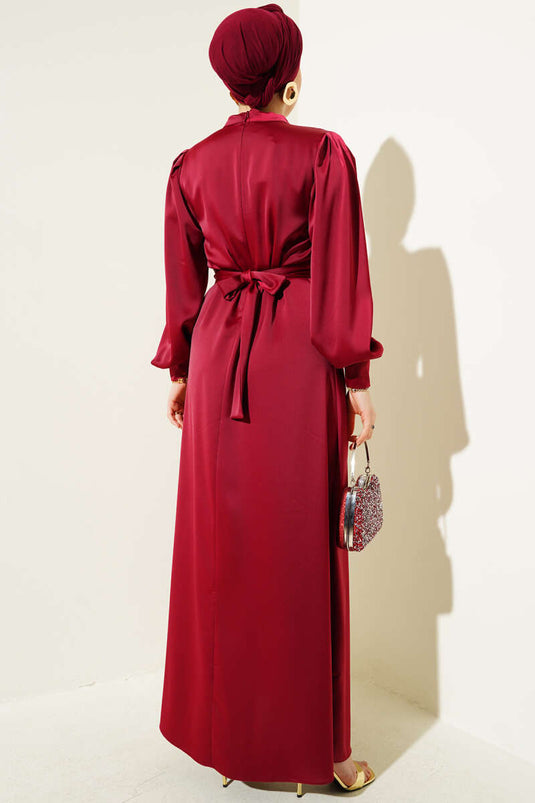 فستان ساتان أساسي مع حزام مجمع - بورجوندي